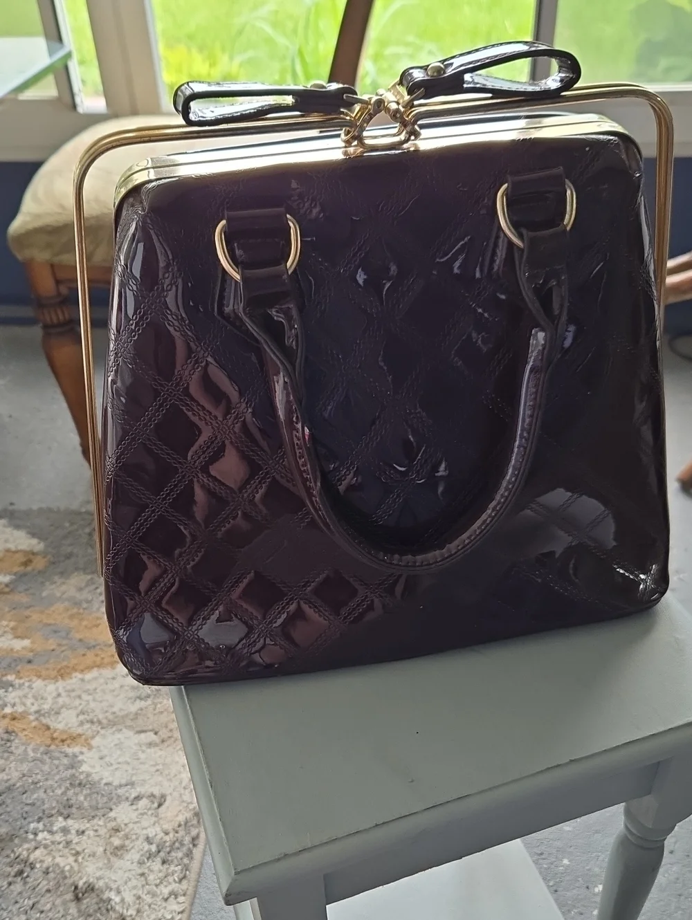 Gloss Quilted Satchel Bag in Dark Brown with Gold Frame